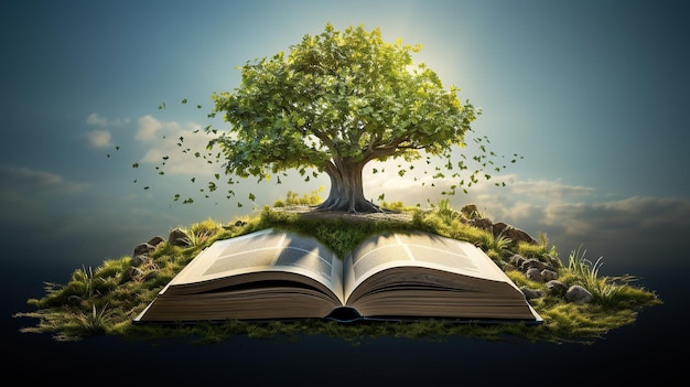 Un libro abierto con un árbol creciendo de él IA generativa