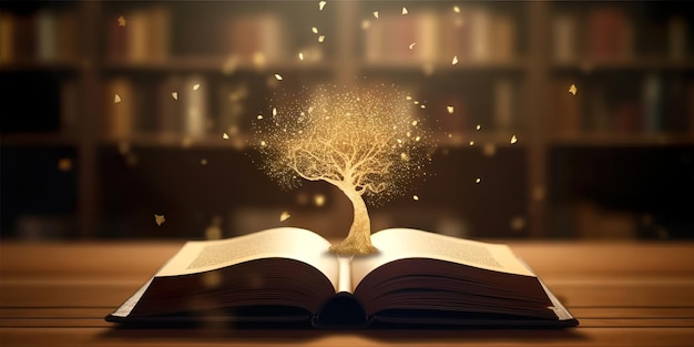 Libro abierto con un árbol que emerge de las letras en una biblioteca Día del maestro Concepto de educación