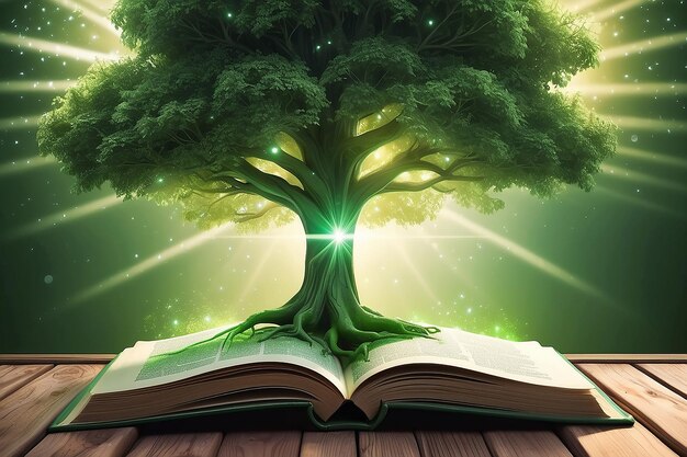 Libro abierto con árbol verde mágico y rayos de luz en la cubierta de madera