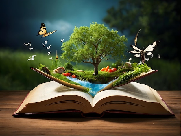 Foto un libro abierto con árboles de cascada y mariposas saliendo de él