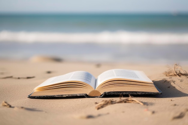 Un libro abierto en la arena de una playa generada por Ai