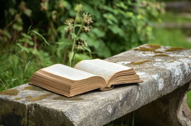 Libro abierto en un banco de piedra