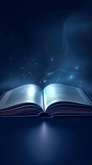 Libro abierto Biblia y luz en fondo azul generativo ai