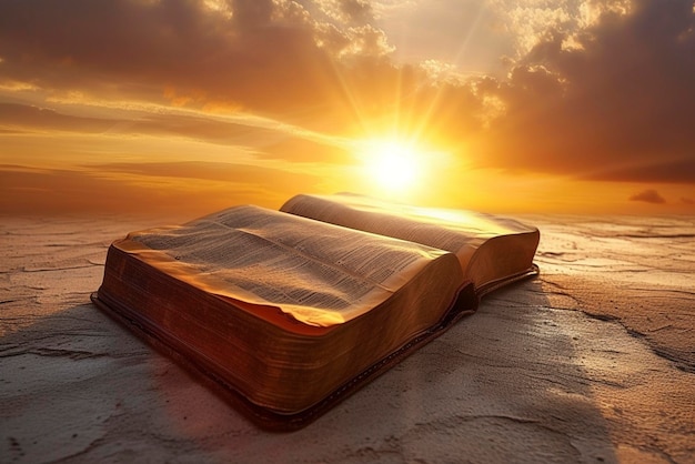 Un libro abierto de la Biblia yace en el suelo contra el fondo del sol
