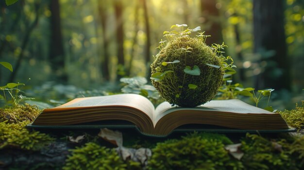 Libro abierto en un bosque con un fondo de naturaleza y un árbol verde místico IA generativa