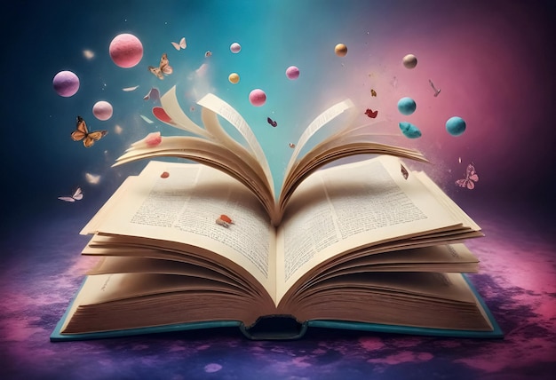 un libro abierto con burbujas coloridas volando fuera de él