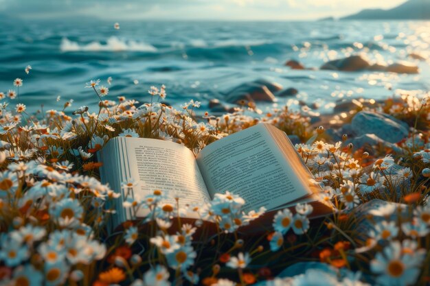 Foto libro abierto en el campo de las flores