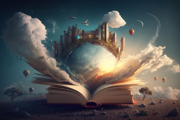 Libro abierto con la casa y el mundo mágico de la naturaleza del cielo.