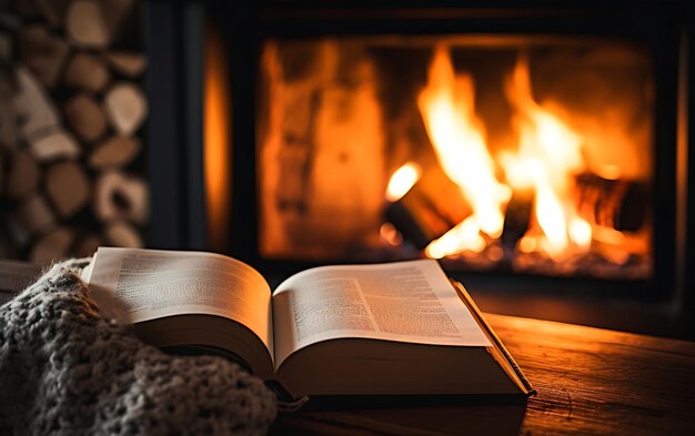 Foto libro abierto cerca de una chimenea en un acogedor concepto de ambiente de otoño en el hogar