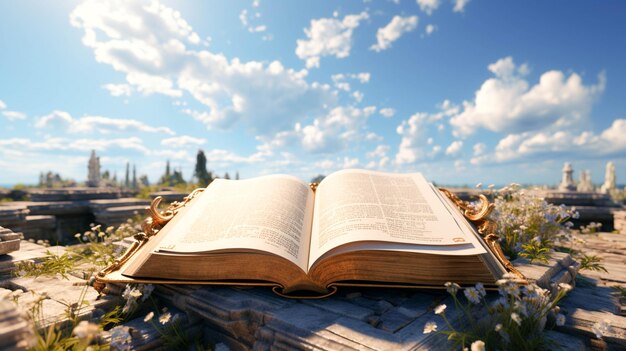 Foto un libro abierto con un cielo azul y nubes