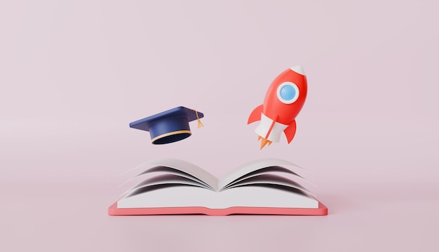 Libro abierto con cohete volando por encima de un libro Marcador de mortero ilustra el concepto de aprendizaje