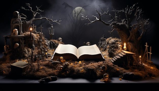 Foto un libro abierto contiene una escena con la imagen de una tumba de halloween.