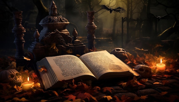 Un libro abierto contiene una escena con la imagen de una tumba de Halloween.