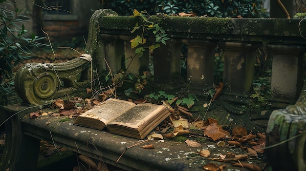 Un libro abierto descansa en un banco del parque rodeado de hojas caídas el banco está en un estado de deterioro con musgo creciendo en su superficie