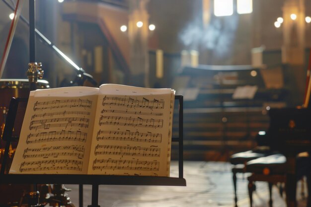 Foto un libro abierto descansa con gracia sobre un robusto soporte de música armonizando la conexión atemporal entre