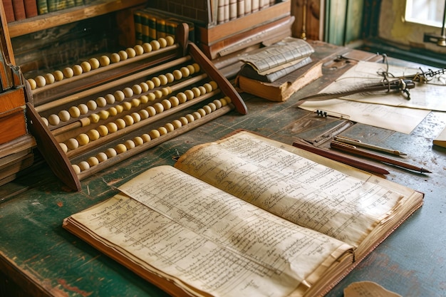 Un libro abierto descansando en lo alto de una robusta mesa de madera una antigua oficina de contabilidad con libros contables ábaco y plumas AI generado
