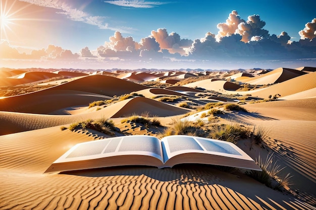 Un libro abierto descansando en una playa arenosa