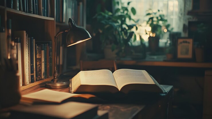 Libro abierto en un escritorio con una lámpara de escritorio y una estantería en el fondo