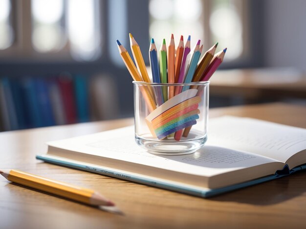 Libro abierto de expresión creativa y lápiz de color en el soporte de la taza en el escritorio