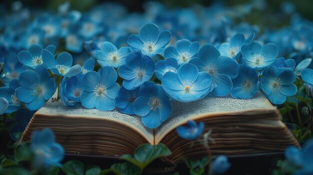 Libro abierto con flores azules en el jardín Concepto de primavera