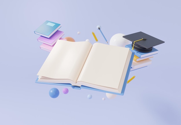 Libro abierto flotando sobre fondo pastel Gorra de graduación de dibujos animados mínimos y con lectura escritura formación aprendizaje educación en línea concepto banner 3d renderizado ilustración