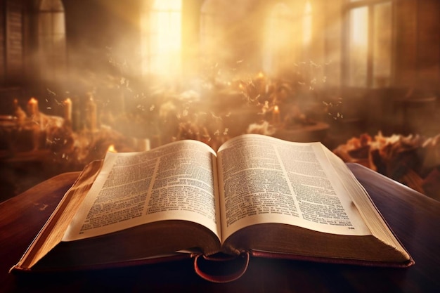 Libro abierto y fondo de la Biblia