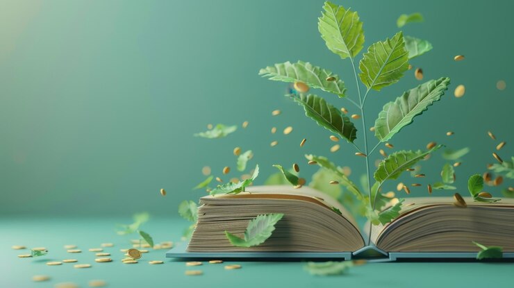 Un libro abierto con hojas que brotan y semillas flotantes que simbolizan el crecimiento y el conocimiento sobre un fondo verde