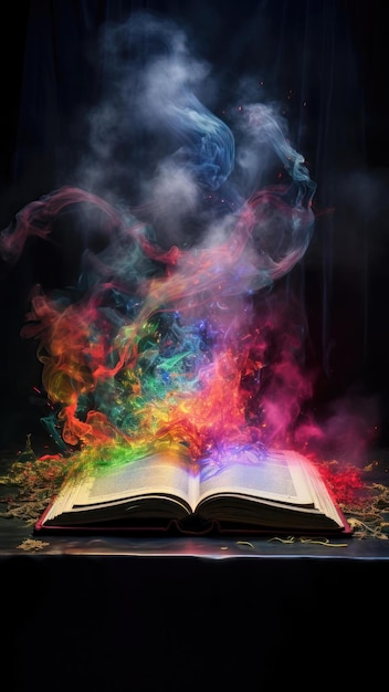 Libro abierto con humo colorido sobre fondo negro Regreso a la escuela IA generativa