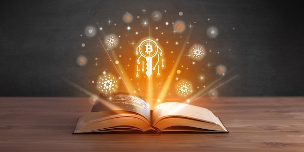 Libro abierto con iconos de divisas por encima