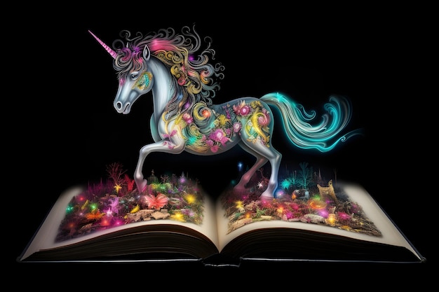 Libro abierto con imagen de unicornio en su portada IA generativa