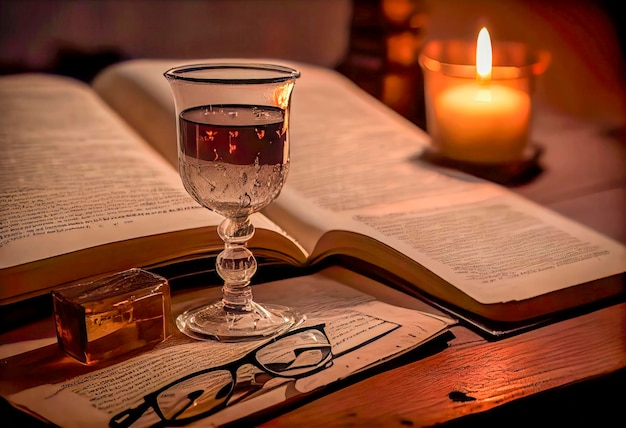 Libro abierto junto a un vaso de vasos de agua a la luz de la vela