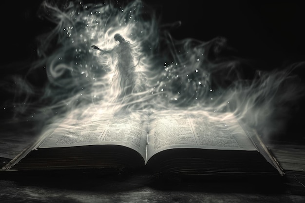 Un libro abierto liberando humo en el aire una aparición sobrenatural surgiendo de las páginas de un antiguo libro generado por la IA