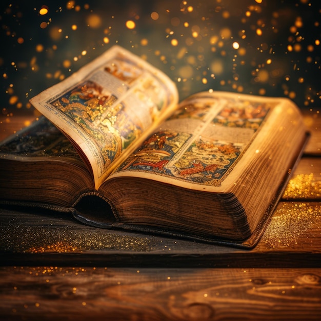 Un libro abierto con luces doradas mágicas.