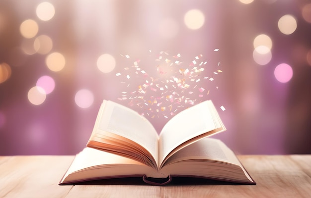 Foto libro abierto con luz mágica y letras brillantes volando en una mesa de madera contra un fondo bokeh rosado
