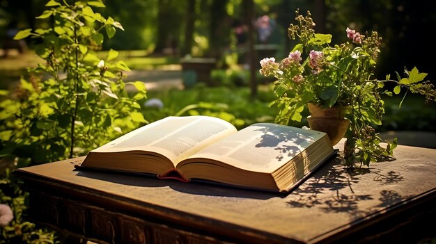 Libro abierto en una mesa en el jardín con flores en primer plano