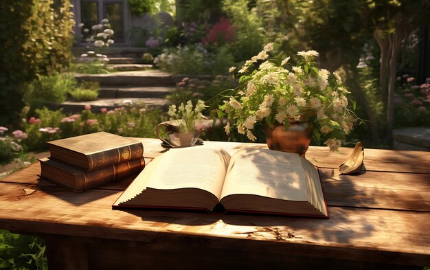 Foto libro abierto en una mesa en el jardín