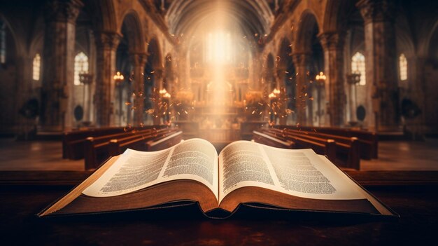 Foto libro abierto en la mesa en la vieja iglesia con la luz del sol