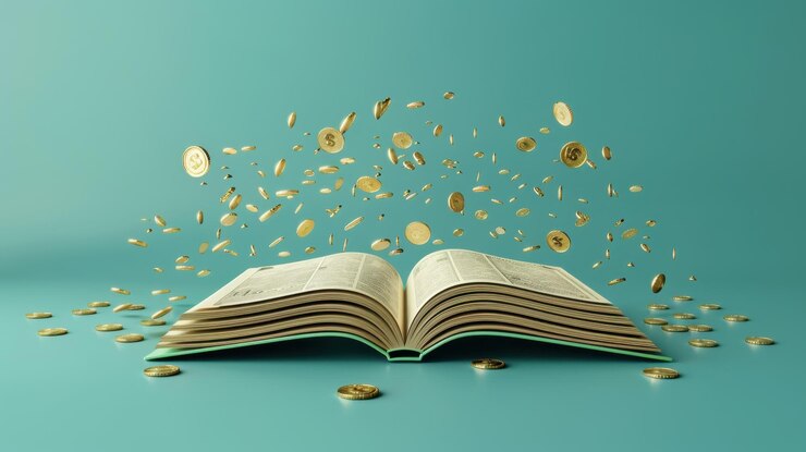 Un libro abierto con monedas voladoras sobre un fondo turquesa que representa la educación financiera y la alfabetización