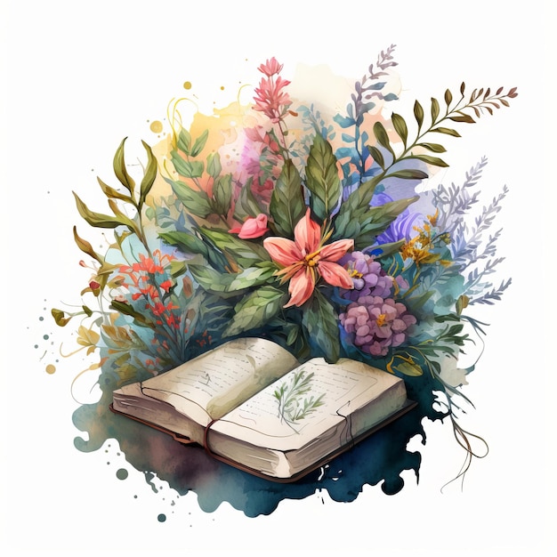 Libro abierto muchas flores y plantas acuarela AI generativa