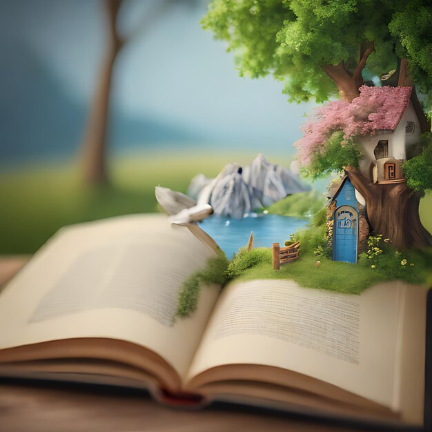 Foto un libro está abierto a una página con una imagen de una casa y un árbol