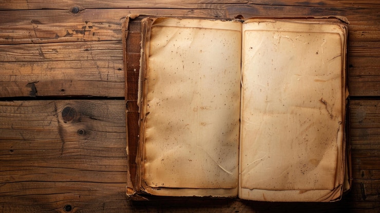 Foto libro abierto con páginas amarillentas en una mesa de madera rústica