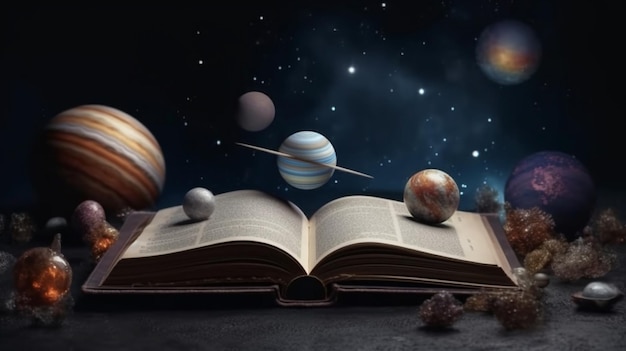 Libro abierto con planetas y estrellas en el espacio generativo ai.