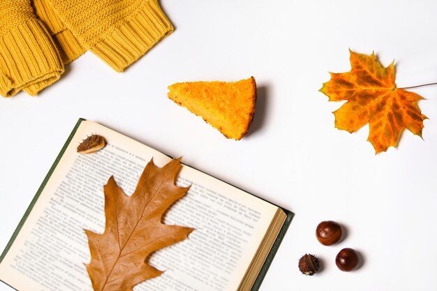 Libro abierto de planta plana de otoño con hojas de otoño en él hojas amarillas de fondo composición de planta plana.