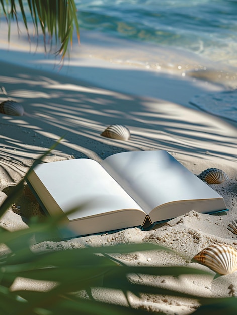 Libro abierto en la playa con conchas y hojas de palma