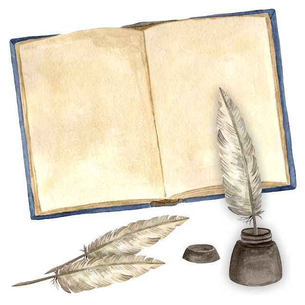 Libro abierto con pluma y tintero Ilustración dibujada a mano con acuarela aislada sobre fondo blanco Plantilla para tarjetas de diseño, volantes e invitaciones