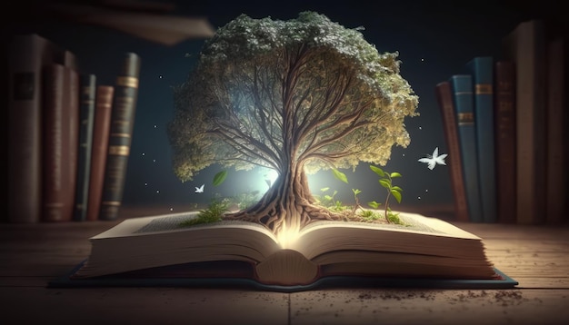 Un libro abierto del que crece un árbol