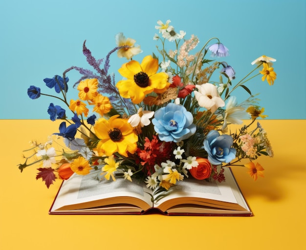 Un libro abierto con un ramo de flores que sobresale de él foto de alta calidad