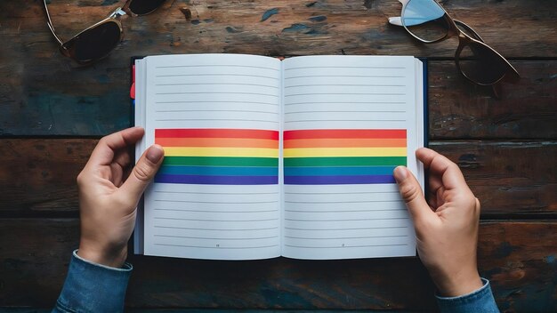 Foto libro abierto con rayas de arco iris