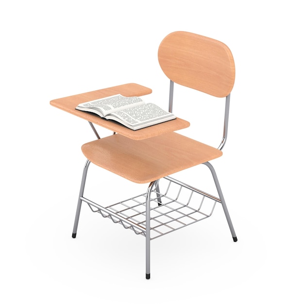 Libro abierto sobre una mesa de escritorio de escuela o universidad de madera con silla sobre un fondo blanco Representación 3d