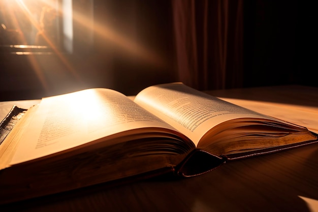 libro abierto sobre la mesa con la luz de la mañana desde la ventana